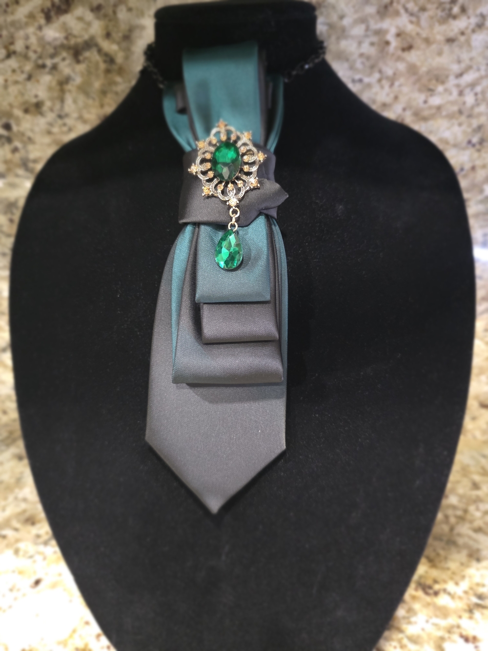 Tie Necklace | Emerald Green & Black Satin